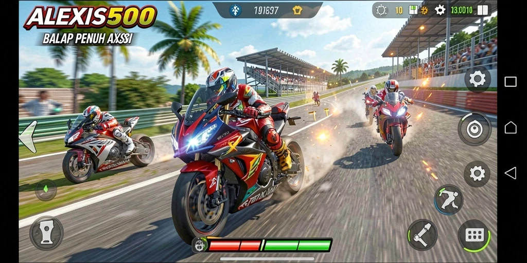 Tampilan gameplay seru di ALEXIS500 dengan balapan motor yang menegangkan.