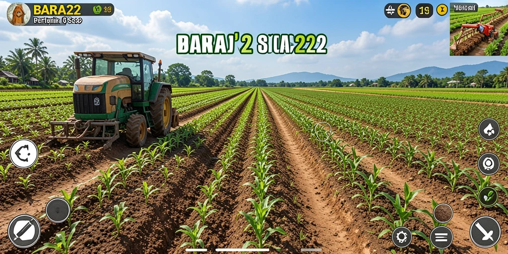 Tampilan gameplay BARA22 dengan aktivitas bertani yang seru.