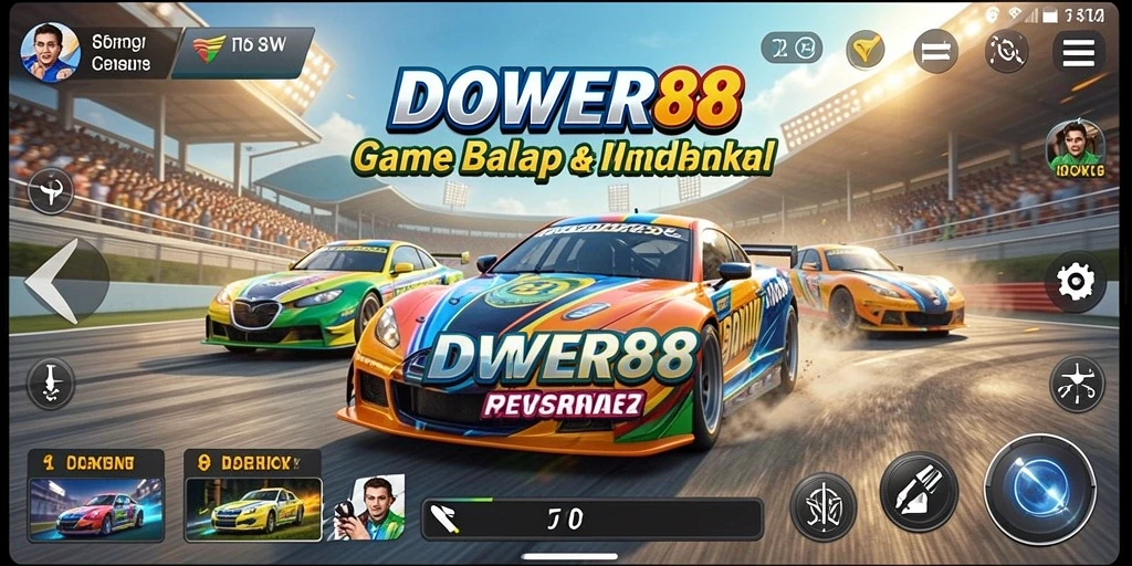 Tampilan gameplay DOWER88 yang seru dengan mobil balap melaju cepat.
