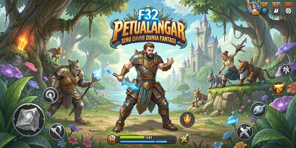 Tangkapan layar utama F32 menunjukkan aksi petualangan yang mendebarkan.