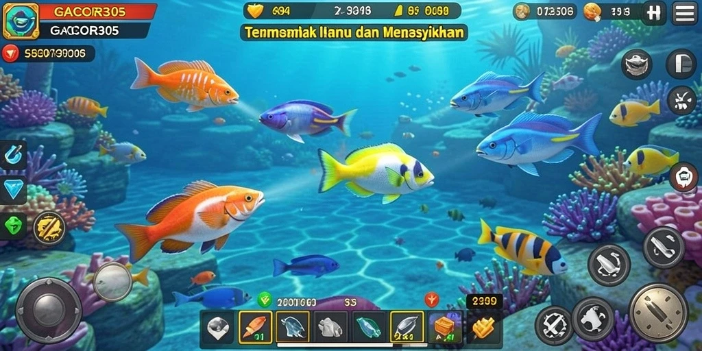 Tampilan gameplay GACOR305 dengan aksi seru menembak ikan.