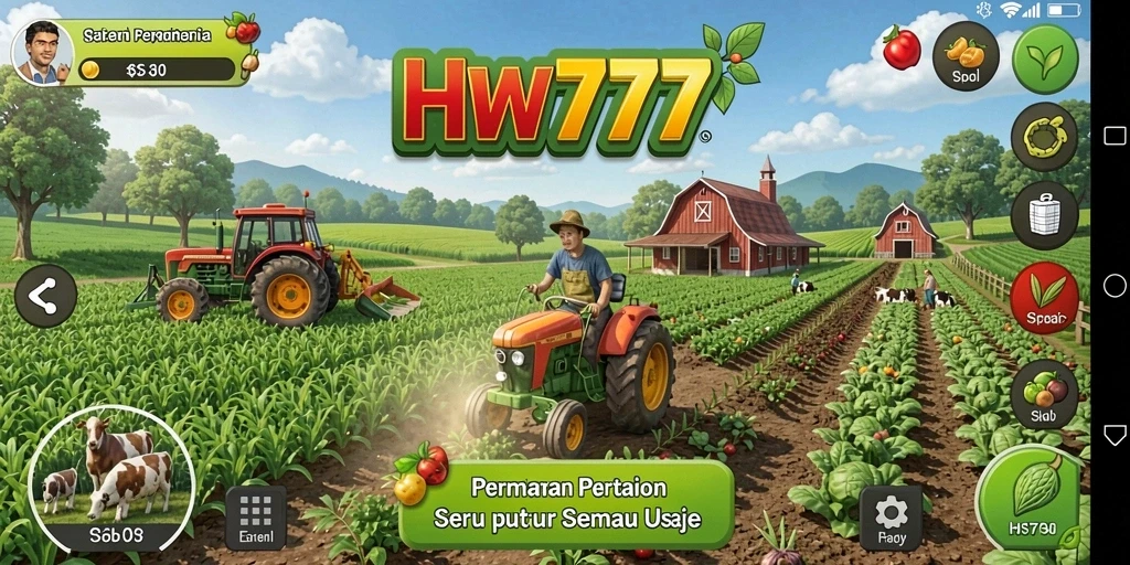 Tampilan gameplay HW777 yang menampilkan pertanian yang indah.