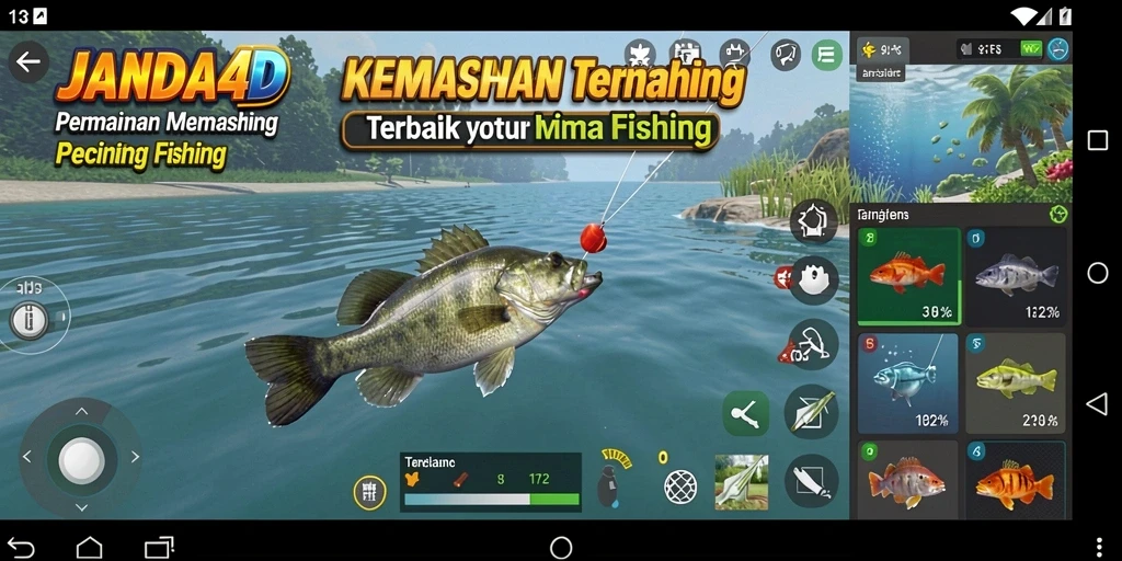 Screenshot gameplay JANDA4D menampilkan aksi memancing yang seru.