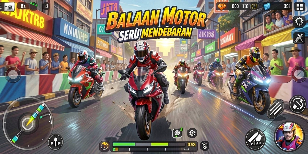 Screenshot JKT8 menampilkan aksi balapan motor yang mendebarkan.