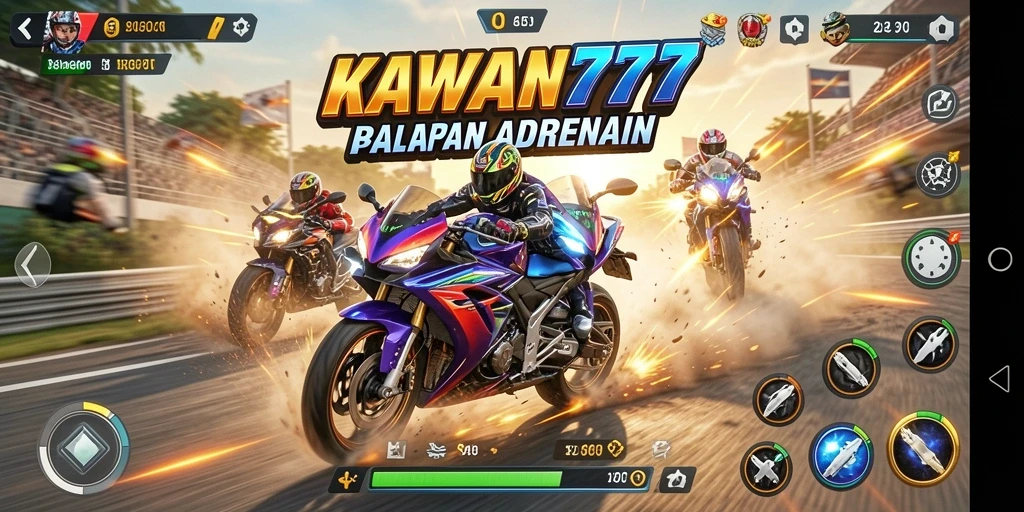 Screenshot KAWAN777 menampilkan balapan motor yang mendebarkan di trek menantang.