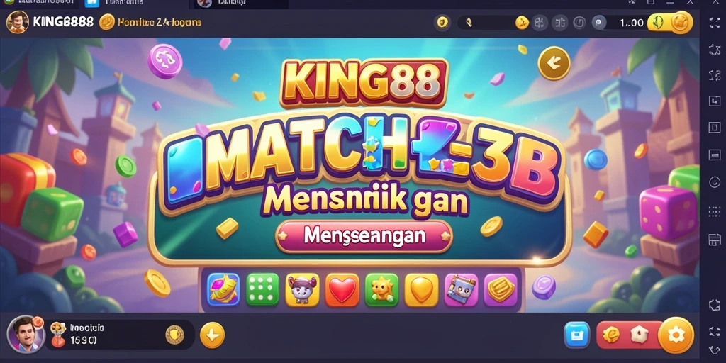 Tangkapan layar KING88 menunjukkan gameplay Match-3 yang seru dan penuh warna.