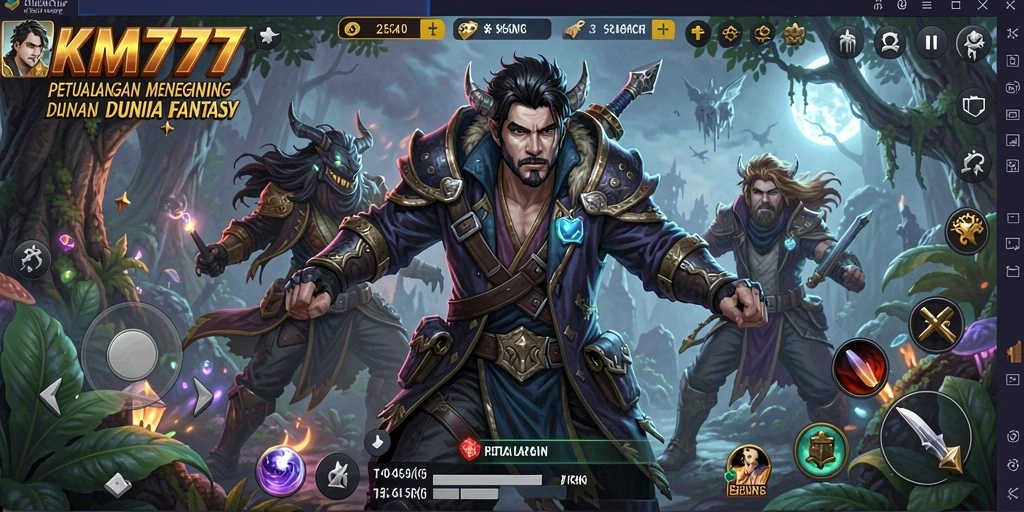 Screenshot gameplay KM777 menampilkan pertarungan epik dan eksplorasi dunia luas.