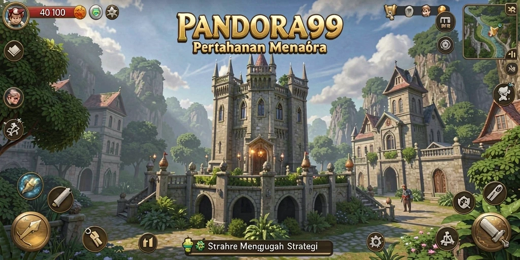 Screenshot PANDORA99 menampilkan menara dan aksi pertahanan yang seru.