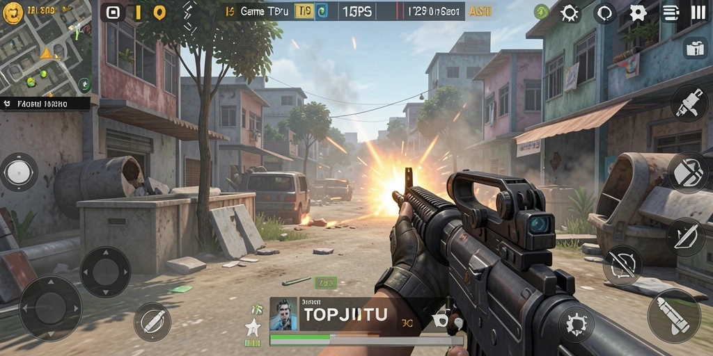 Tangkapan layar utama <strong>TOPJITU</strong> menunjukkan pertarungan seru dalam gameplay TPS.