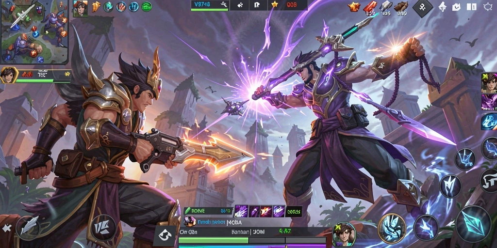 Screenshot gameplay seru dari V87, menunjukkan pertarungan tim di arena MOBA.