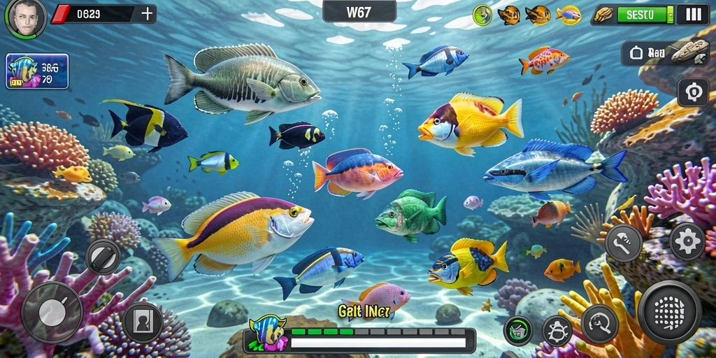 Tampilan gameplay seru dalam W67 saat menembak ikan.